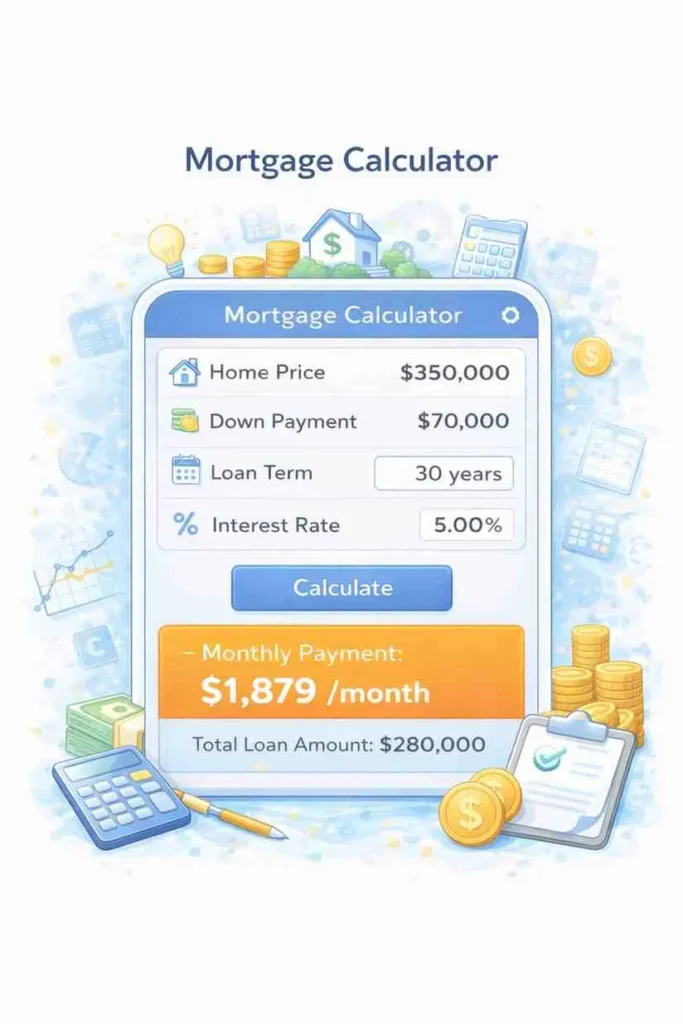 Mortgage calculator estimating monthly payment with principal and interest.  Free Online Calculators